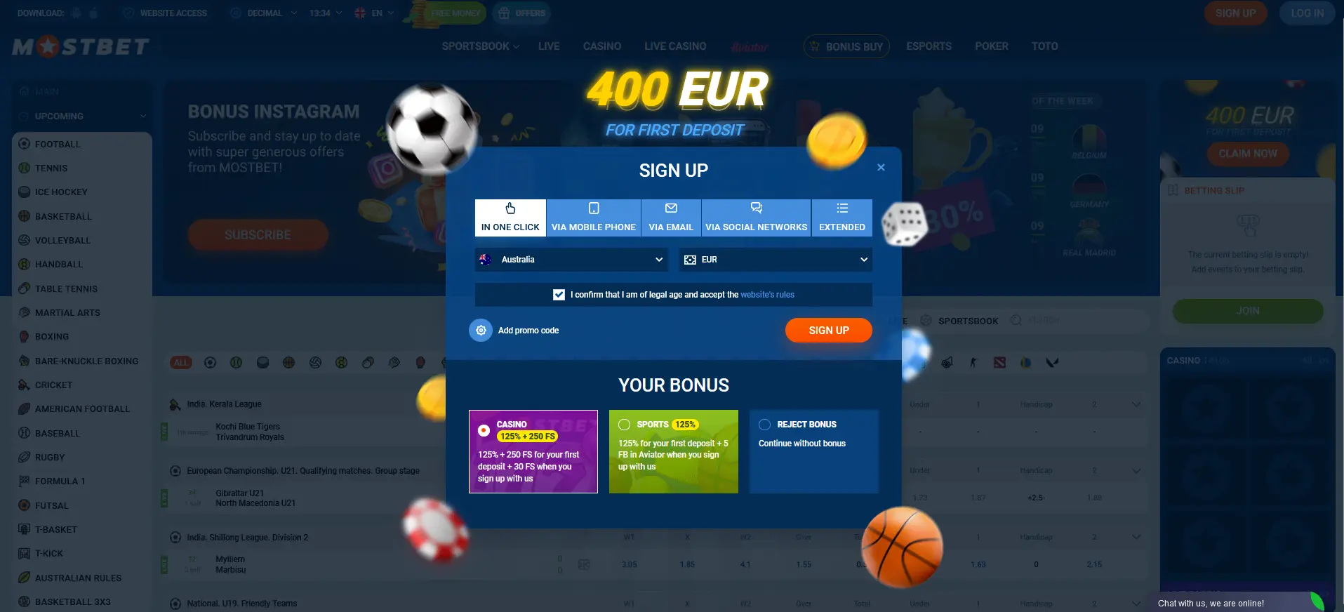 Algorithm of one-click registration at Mostbet
