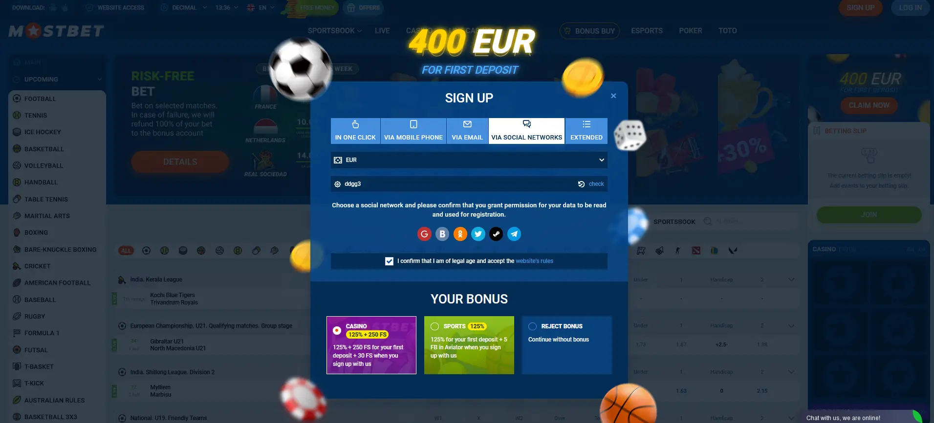 Algorithm of registration via social networks in Mostbet