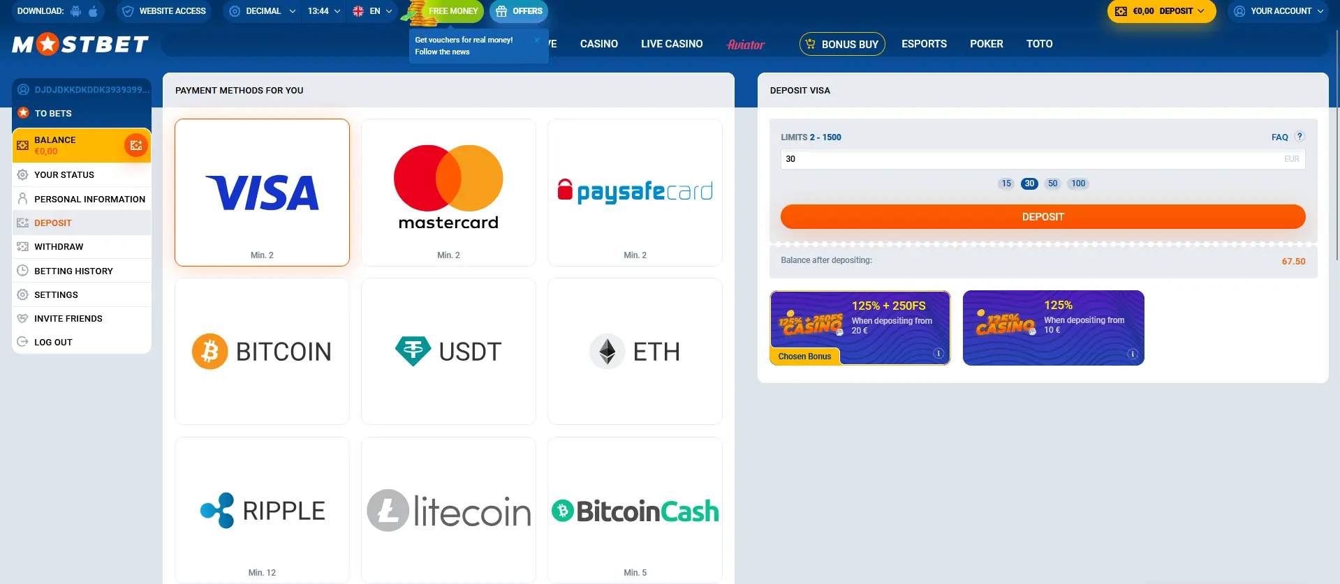 Deposit at Mostbet