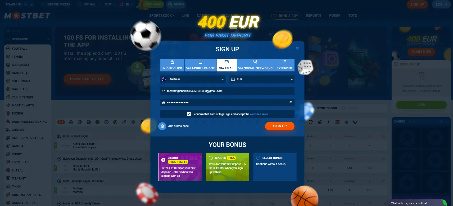 Registration via E-mail in Mostbet