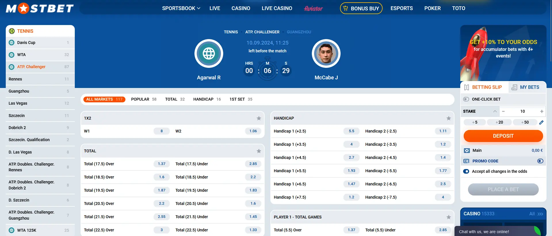 Tennis at Mostbet