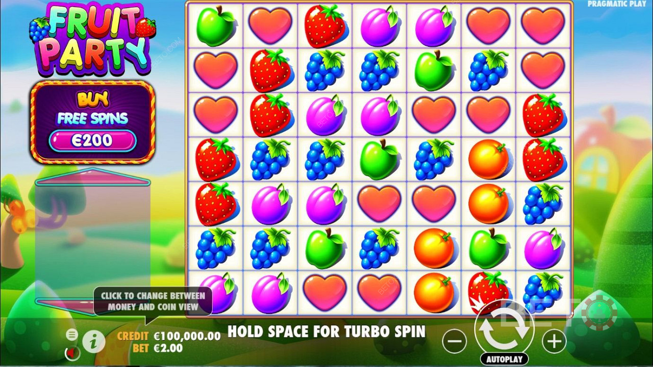 Unique 7x7 grid structure in Fruit Party slot