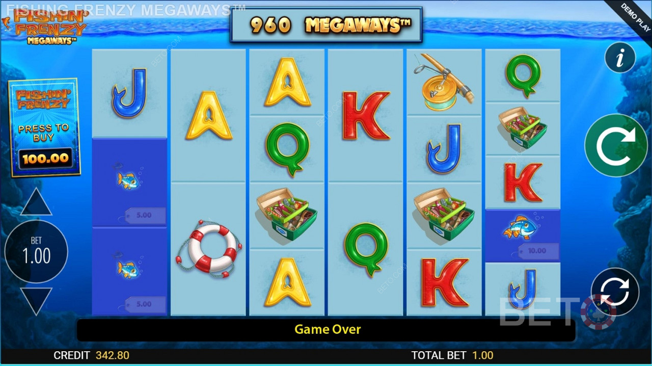 High-paying symbols in Fishin' Frenzy Megaways include fish, pelican, life ring, tackle box, fishing rod and reel