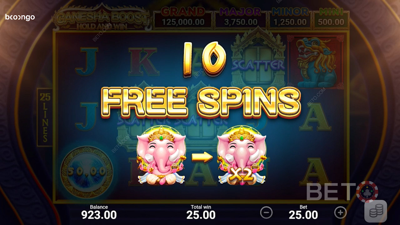 10 free spins awarded for 3 scatters in Ganesha Boost Hold and Win slot