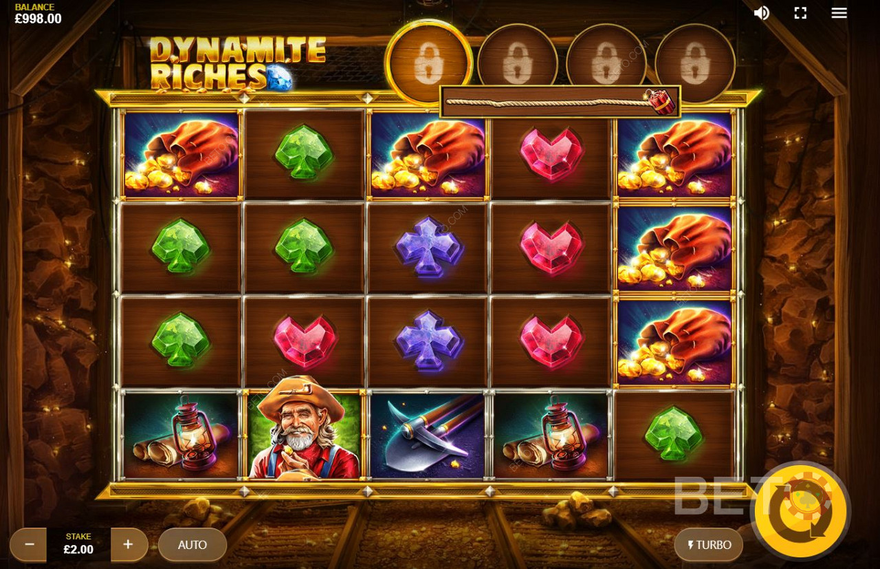 Dynamite Riches slot features symbols of gemstones, gold coins and a miner character
