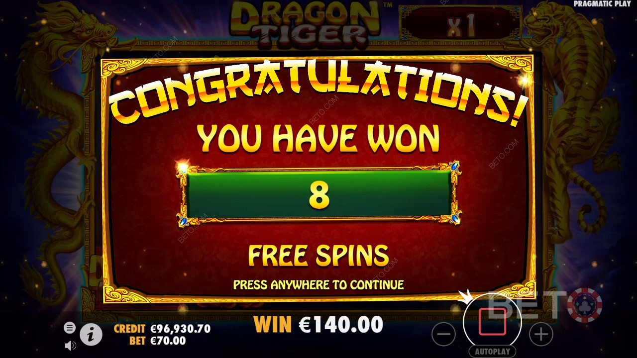 3 bonus symbols will grant you 8 free spins
