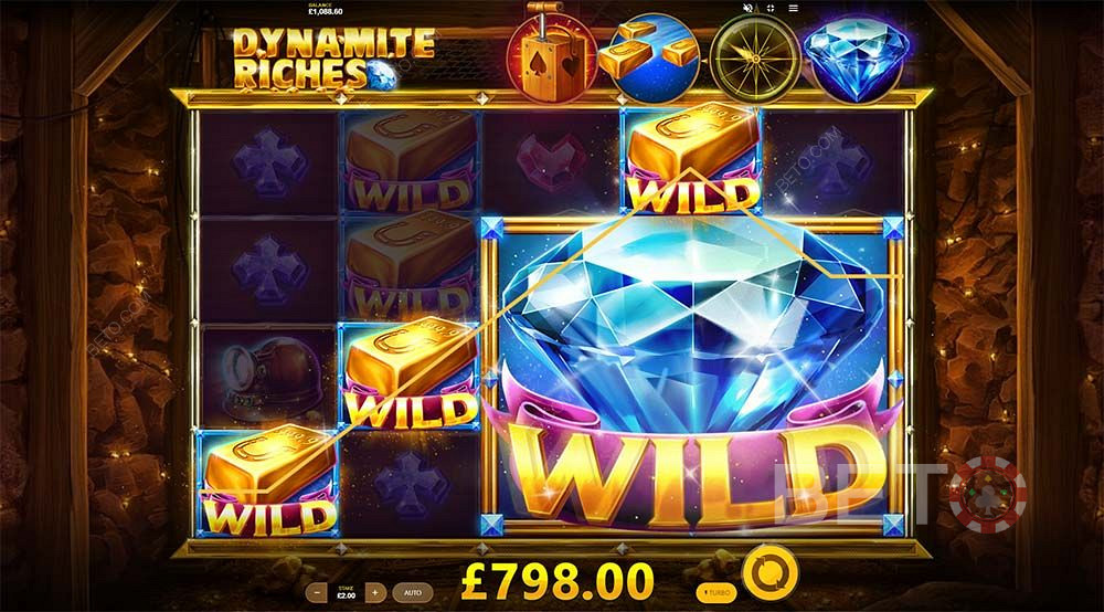 Wait for the explosion that will fill your reels with wild symbols in Dynamite Riches game