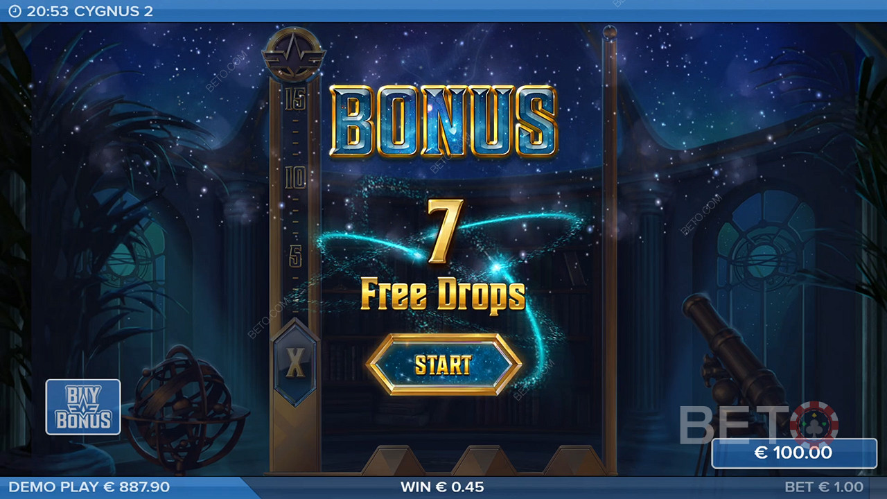 You'll trigger 7 free drops when the bonus symbol appears on the leftmost reel