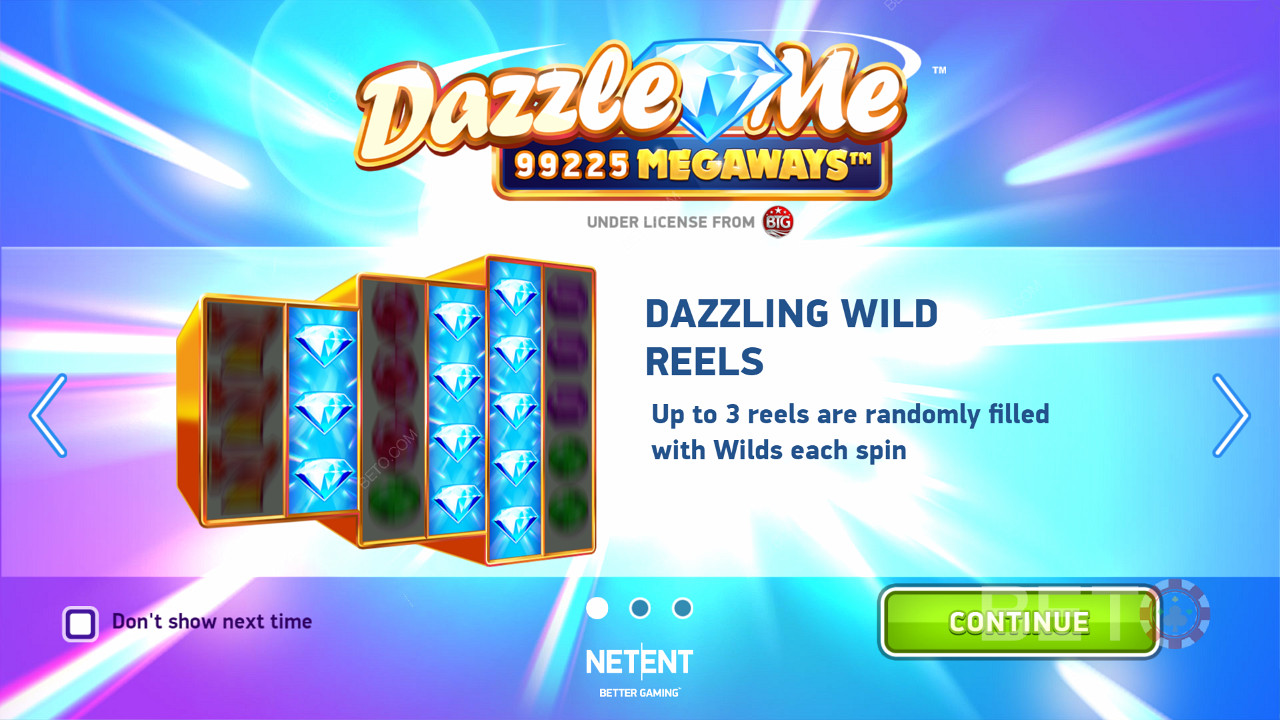 Introduction screen of Dazzle Me Megaways game