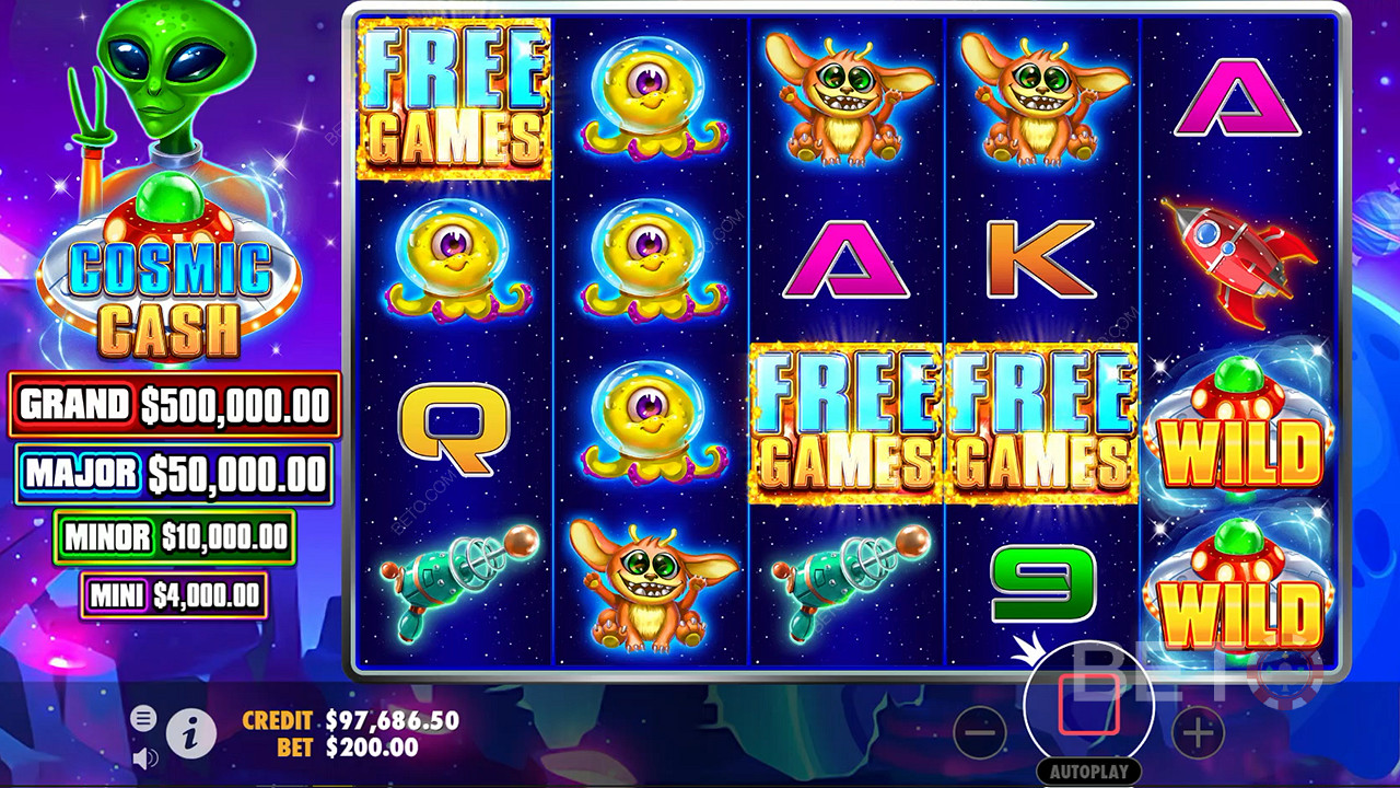 Landing 3 or more scatter symbols to trigger free spins in Cosmic Cash slot