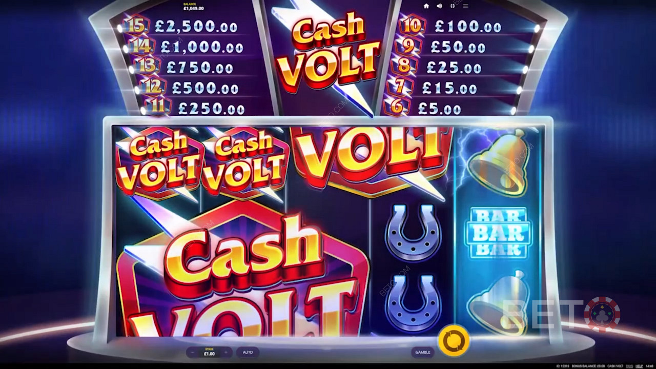 Cash Volt slot grid with 3 rows, 5 reels and 20 paylines