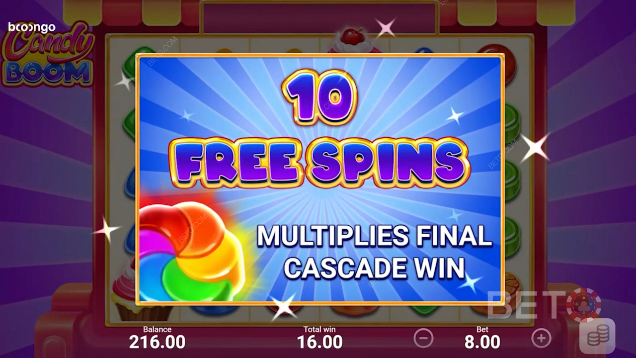 Winning free spins bonus in Candy Boom slot