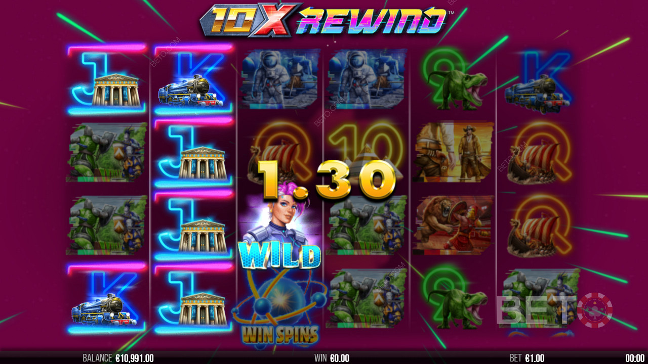 Neon visual effects in 10x Rewind slot game