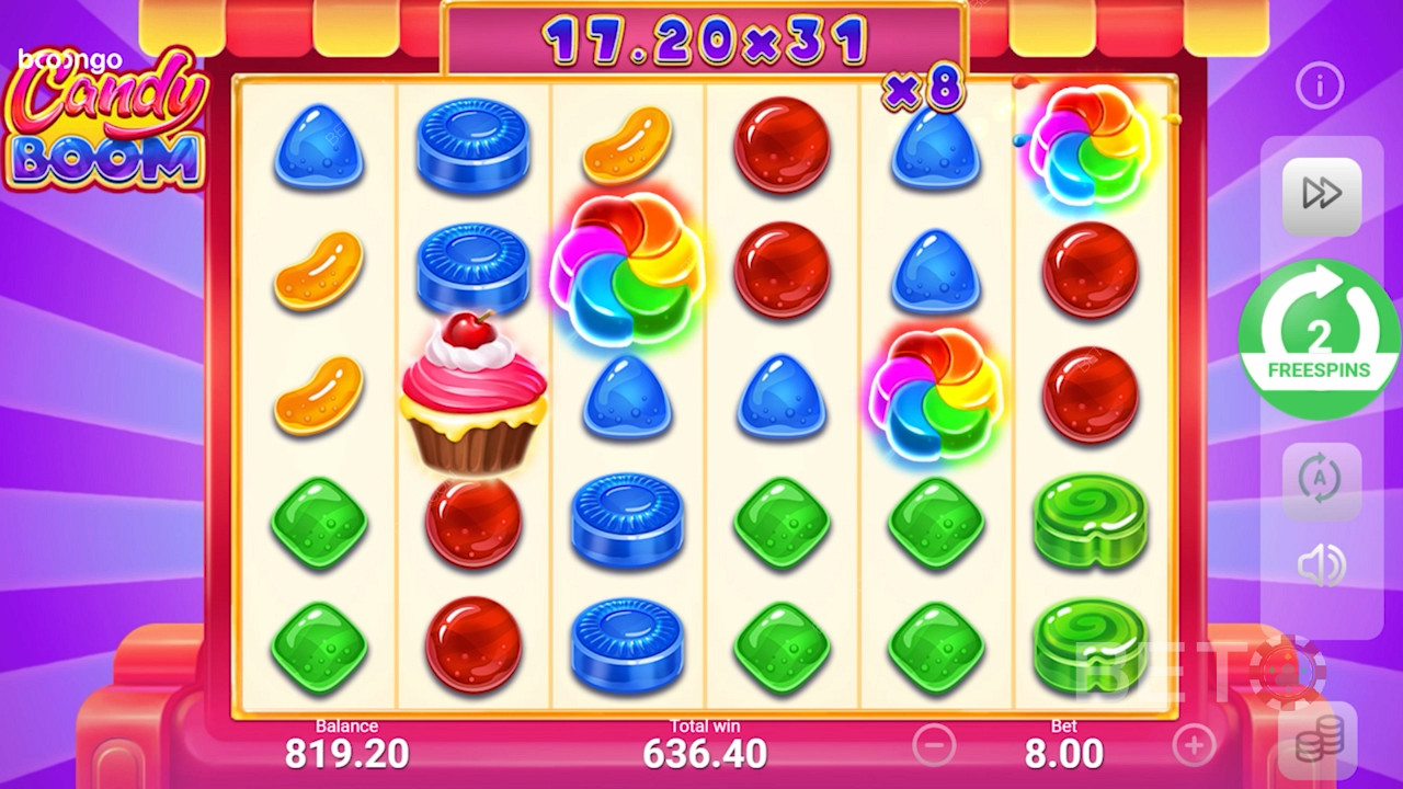 Wide grid for cluster wins in Candy Boom game