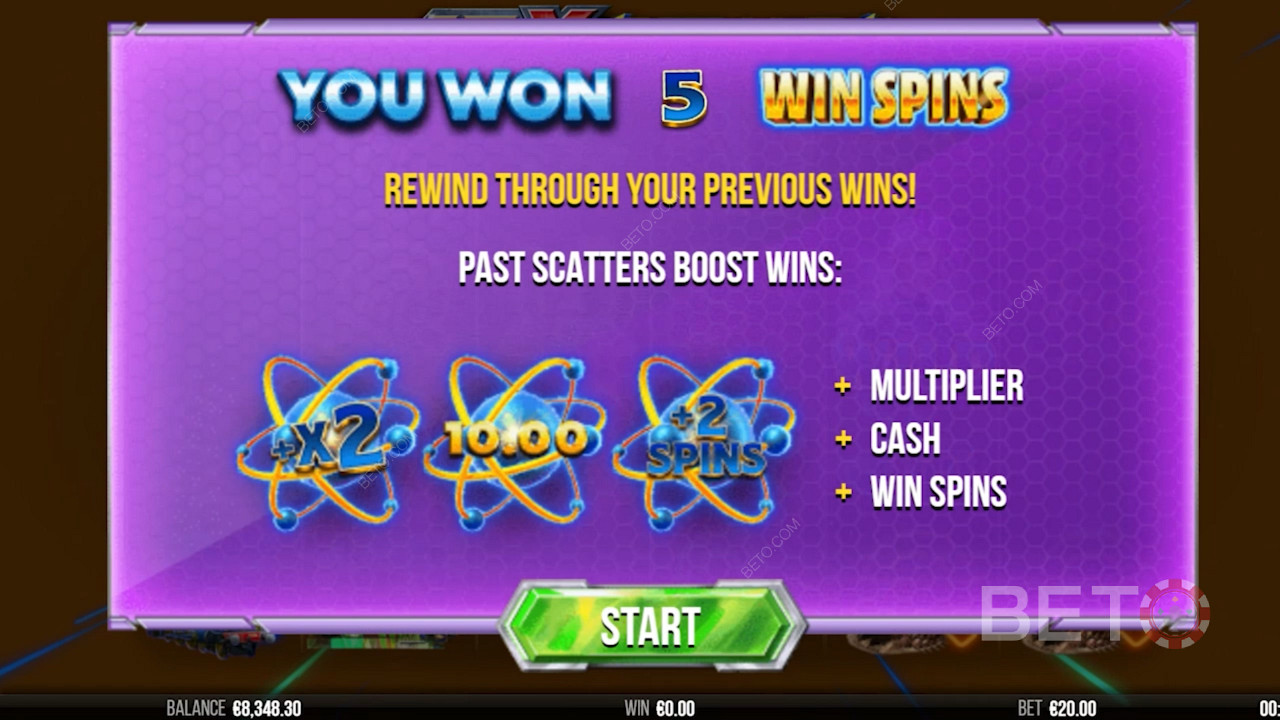 Introductory screen of 10x Rewind showing free spins bonus information