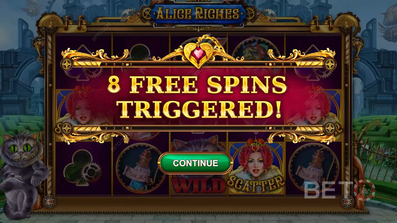 Three Queen scatter symbols trigger free spins in Alice Riches slot