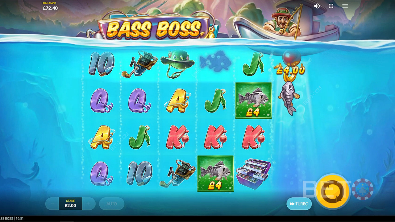 The fisherman will catch fish and reward you with instant prizes in Bass Boss slot