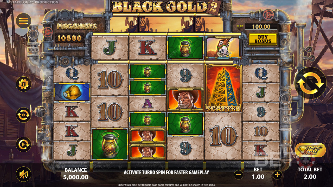 Land 3 or more matching symbols to win in Black Gold 2 Megaways online slot