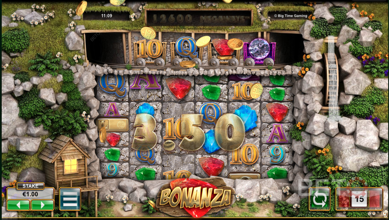 Bonanza Megaways slot game interface showing reels and mining theme