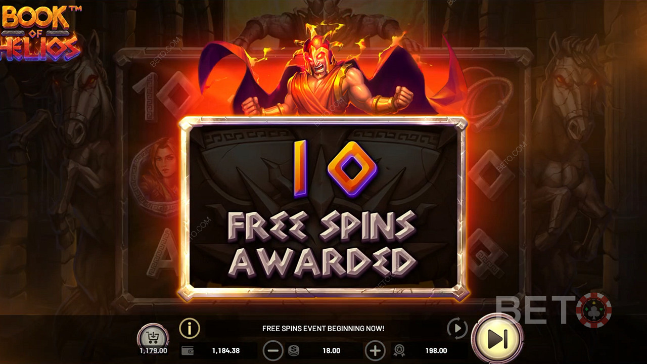 Enjoy 10 free spins with 2 expanding symbols in Book of Helios slot game