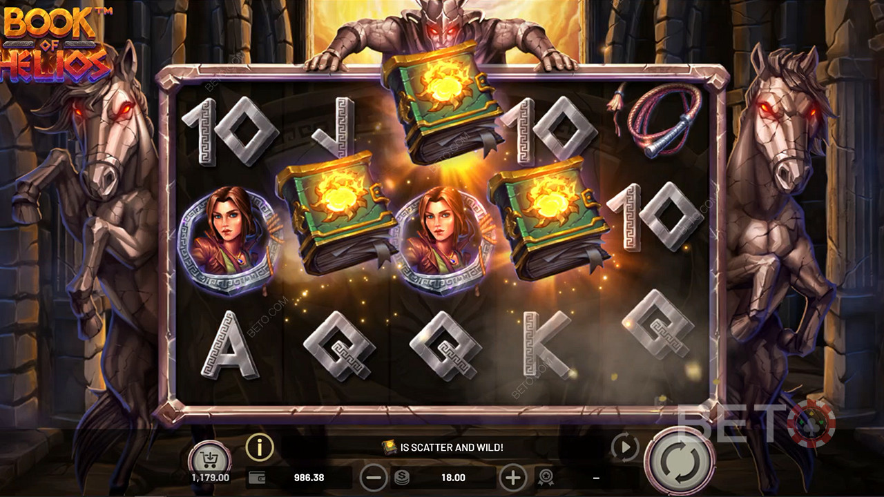 3 scatters trigger free spins in Book of Helios slot machine