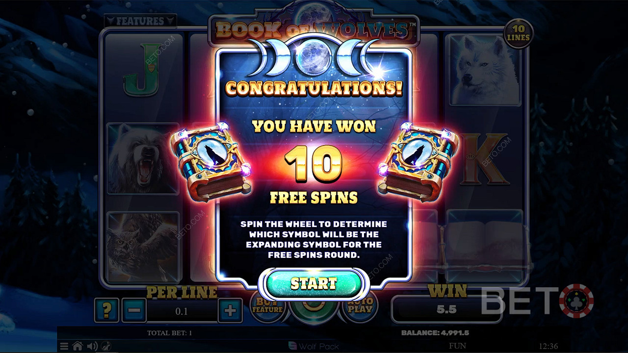 Get 10 free spins for unlocking Book of Wolves free spins feature