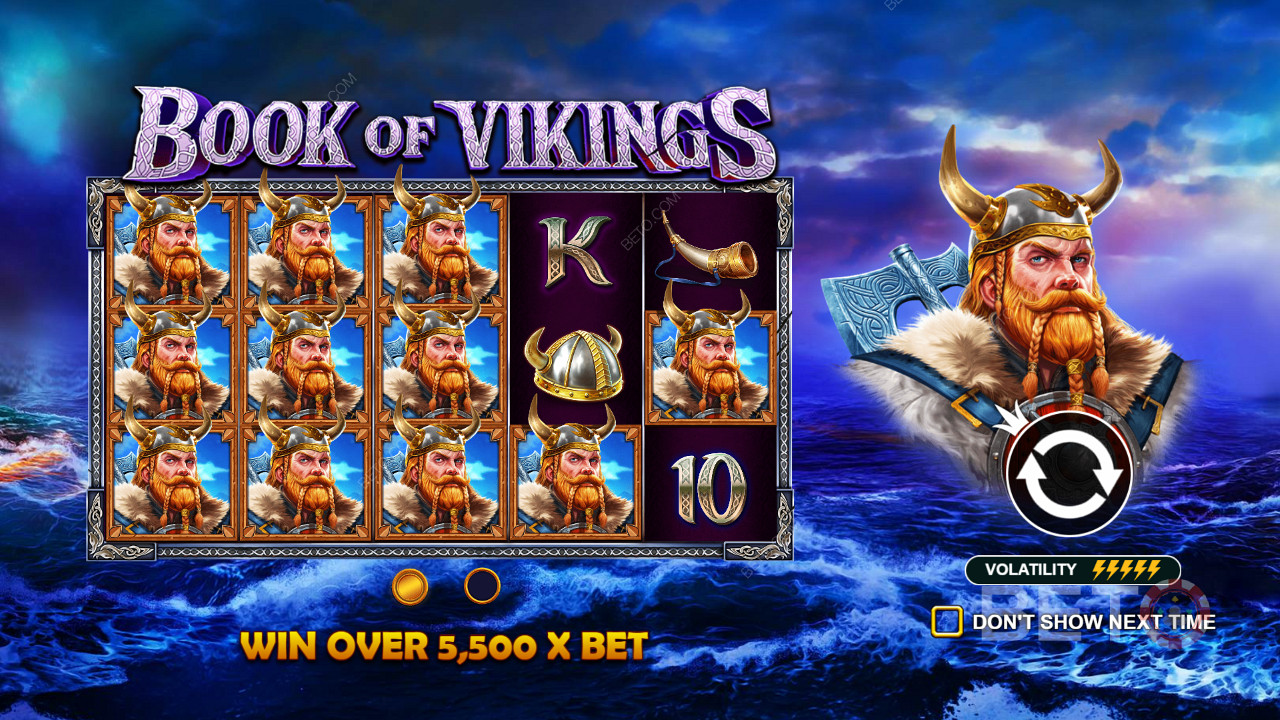 Win rewards up to 5,500 times your bet in the highly volatile Book of Vikings slot