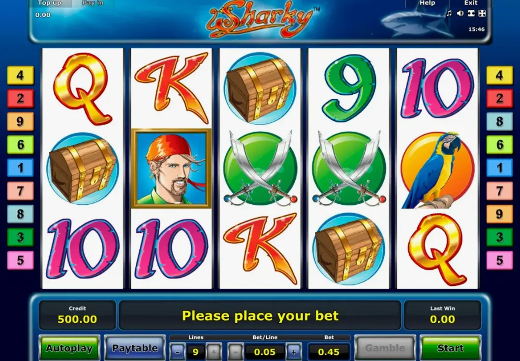 Sharky slot rules and gameplay mechanics showing the pirate theme interface