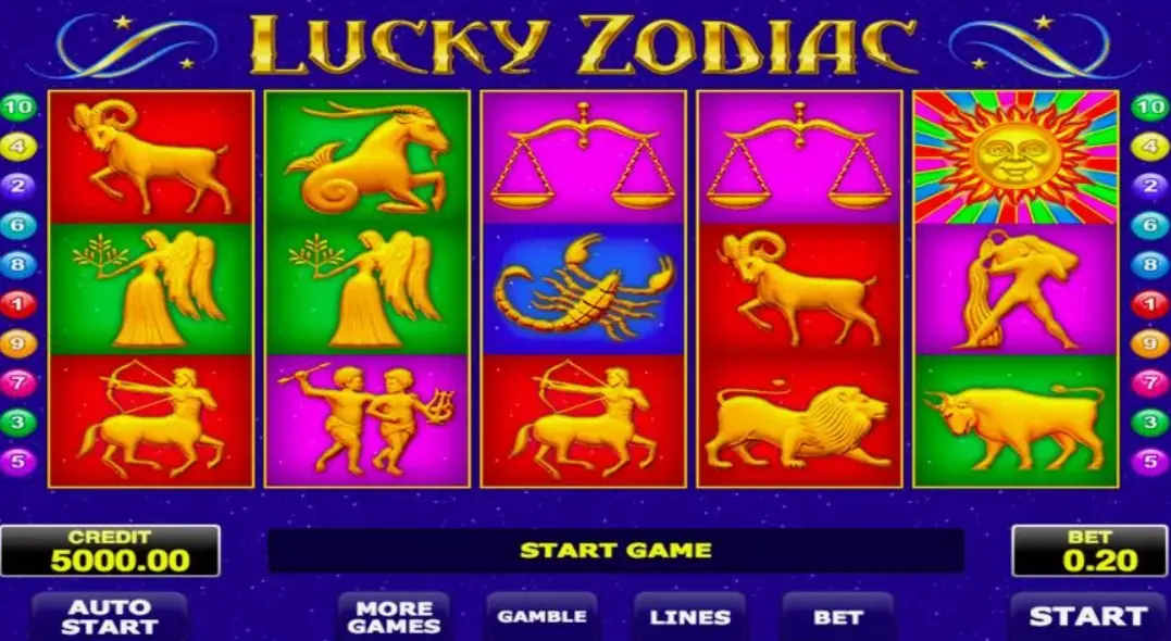Lucky Zodiac game interface showing reels and zodiac symbols