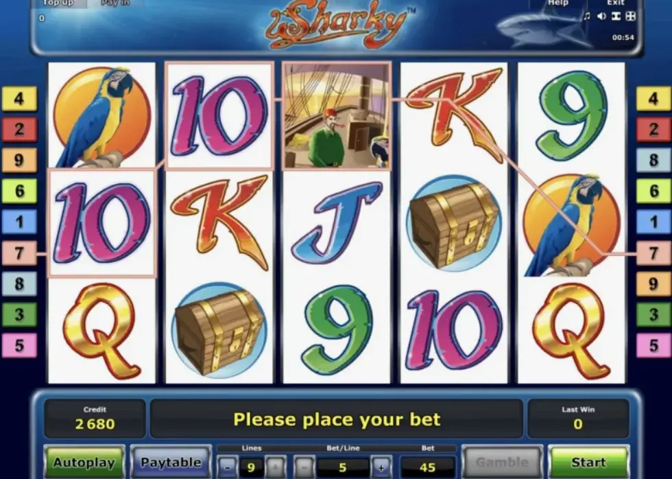 Sharky slot technical interface showing control panel and bonus features