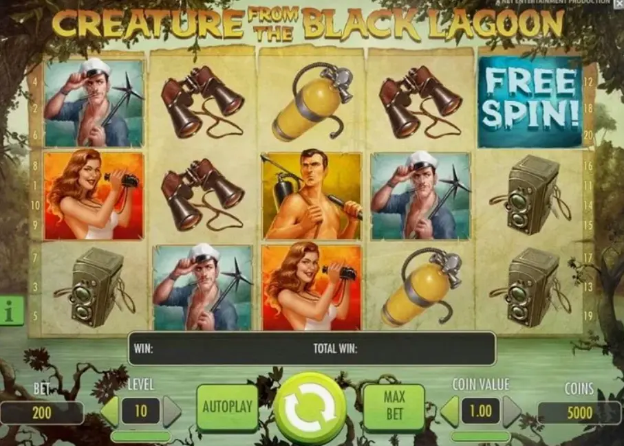 Creature from the Black Lagoon slot interface with underwater theme and character symbols