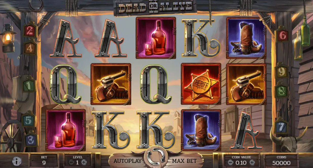 Demo version of Dead or Alive slot showing game interface and paytable