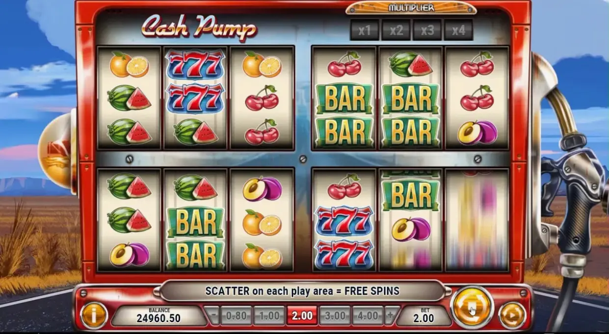 Cash Pump slot with four game fields in retro gas station theme