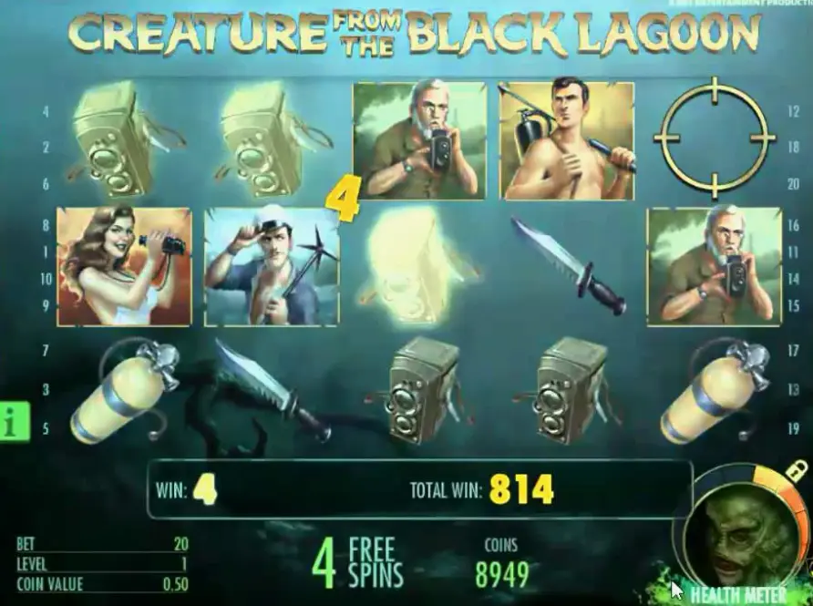 Creature from the Black Lagoon bonus game showing expanding wilds and underwater scene