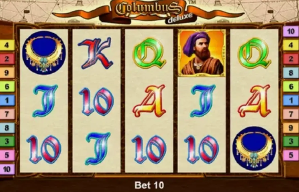 Columbus Deluxe slot game interface showing reels with maritime symbols