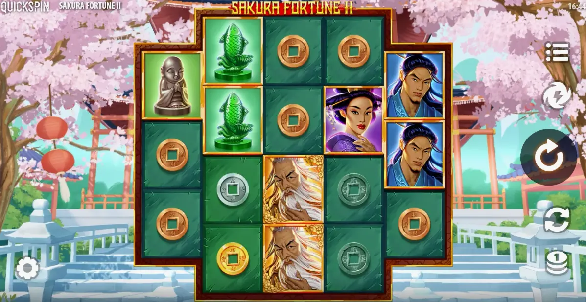 Game interface of Sakura Fortune showing reels and control panel