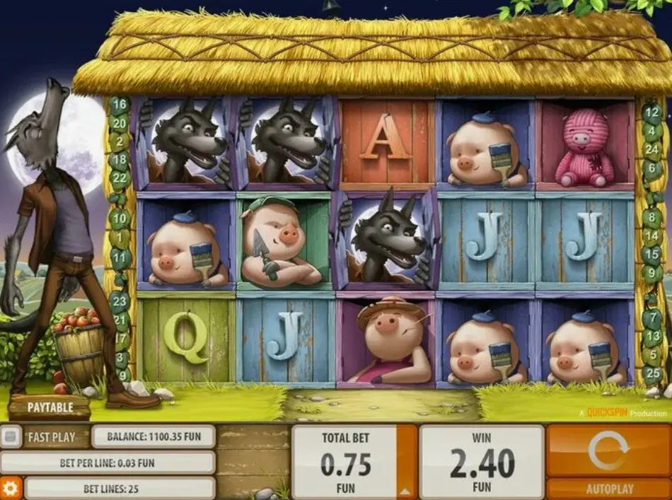 Big Bad Wolf slot game screen showing pigs and wolf characters