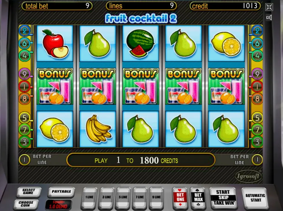 Game interface showing rules of Fruit Cocktail 2 slot with paylines and controls