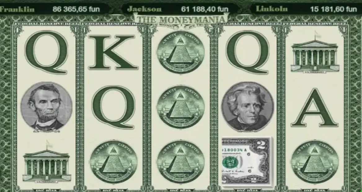 The Moneymania Demo Mode screenshot showing game interface with reels and control panel