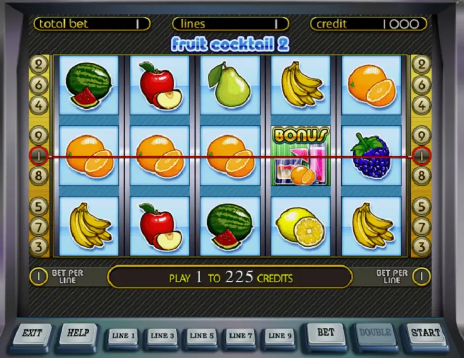 Demo mode screen of Fruit Cocktail 2 slot showing gameplay interface and winning combinations