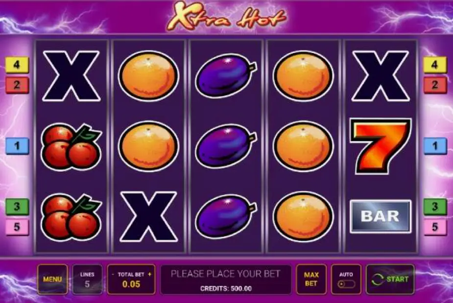 Game rules panel showing paylines and symbol values in Xtra Hot slot
