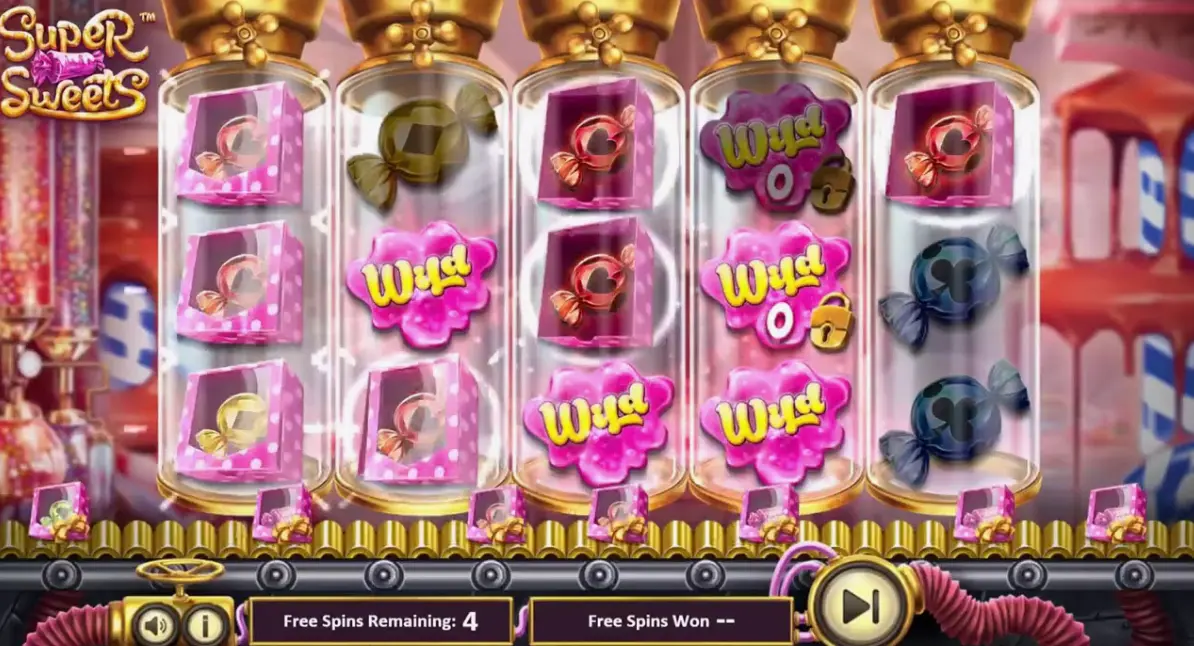 Candy factory slot machine interface showing reels with colorful candies and game controls