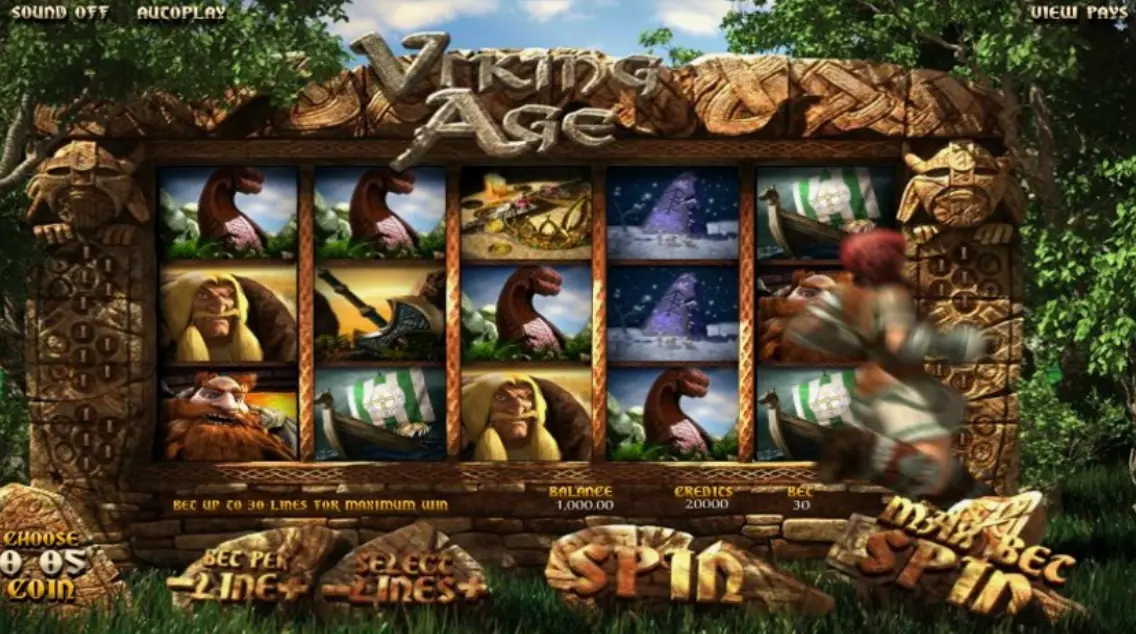 Viking Age slot demo mode showing gameplay interface and characters