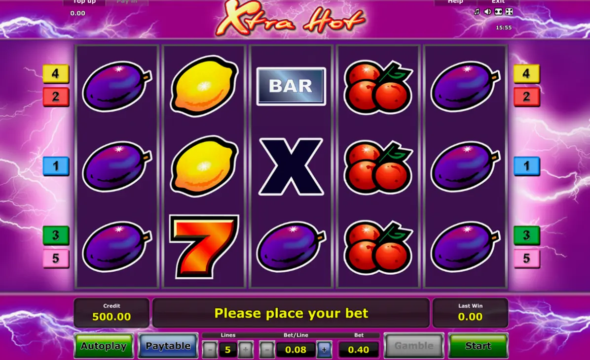 Demo mode gameplay screenshot showing the reels and control panel of Xtra Hot slot