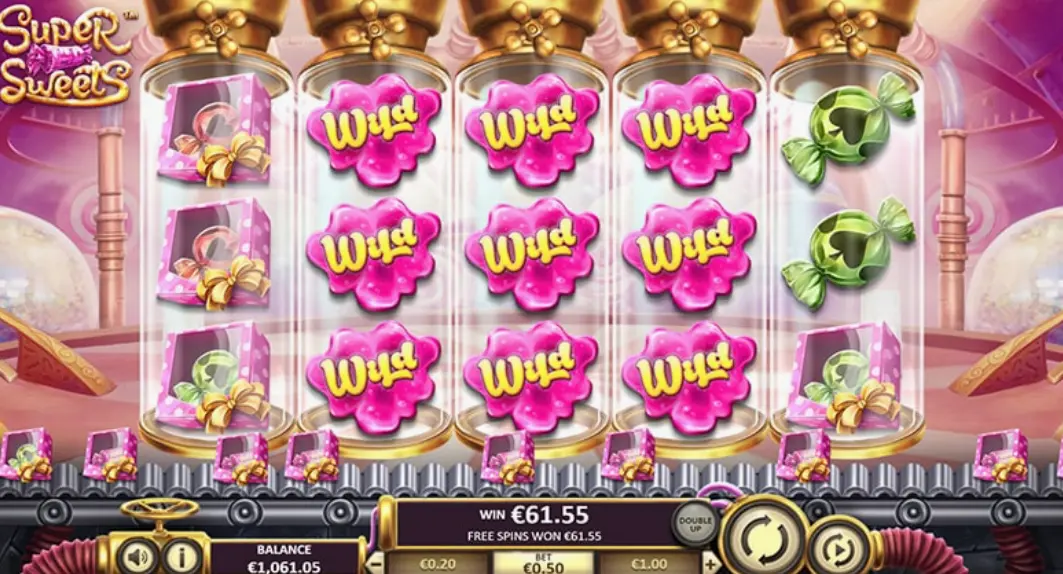 Demo mode of Super Sweets slot showing virtual balance and game controls