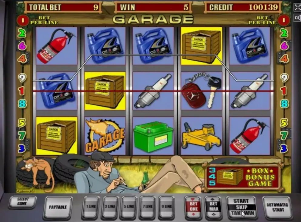 Garage slot game rules showing the paytable and symbol values