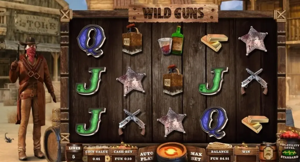 Wild Guns slot game interface showing reels and controls