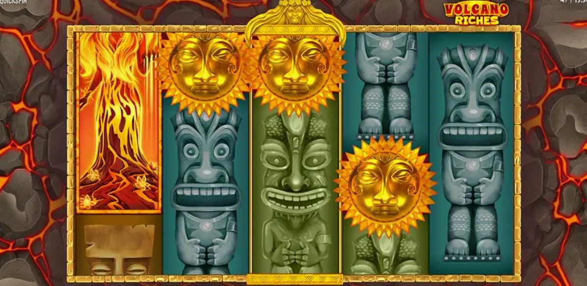 Volcano Riches game rules showing paylines and betting options