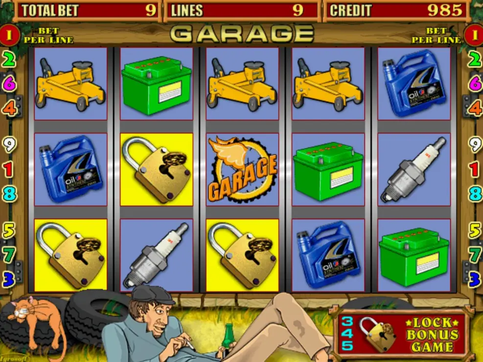 Garage slot game demo mode interface showing the reels and control panel