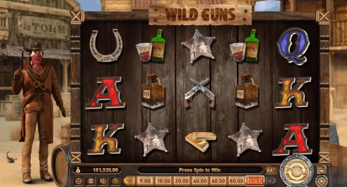 Demo version of Wild Guns slot showing free play options